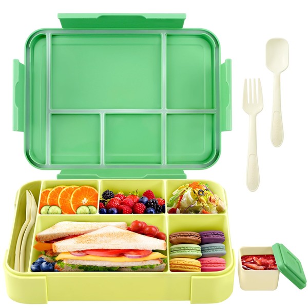 CNMTCCO Bento Lunch Box for Kids 1330ML,Lunch Box with 6 Compartments Cutlery,Leak Proof Lunchbox Snack Boxes for Kids Adult,Including a Spoon Fork and Salad Dressing Container