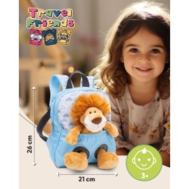 NICI Children's Backpack Blue 2 in 1 with Cuddly Toy Lion 25 cm - Nursery Backpack Girls & Boys - Soft Back Area & Adjustable Straps - 49848