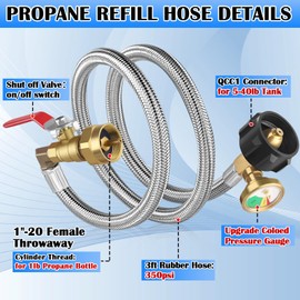 FANOVO Propane Filler Adapter 1 Pound 304 Stainless Steel Braided 1lb Propane Tank Refill Adapter with Gauge & Shut Off Valve QCC1 Inlet Propane Bottle Fill Converter Connector for 1lb Samall Bottle
