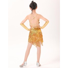 Happy Cherry Girl's Sequin Tassel Dress Latin Dance Skirt Costume Sparkling Kids Ballet Tango Rumba Dancewear with Gloves Gold 10-12 Years