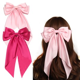 SUSULU Pink Hair Bows for Women, 2pcs Big Long-Tail Ribbon Accessories, Hot Pink Barrettes for Party Birthday