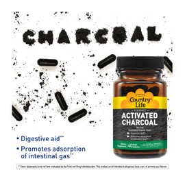 Country Life Coconut Activated Charcoal Capsules, 260mg – Natural Charcoal Supplement for Gas and Bloating Relief - Gluten-Free, 40 Vegan Capsules