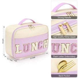 Kids Lunch Bag Insulated Lunch Bags for Women PU leather Lunch Bag for Girls Insulated Lunch Bag for Men Small Lunch Bag for Office with Chenille Letters Lunch Bag For Boys Gifts For Kids WhitePurple