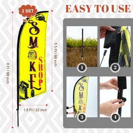 HunnmingRe 2 Set Smoke Shop Feather Flag Kit, 8ft Advertising Swooper Flag Banner with Pole and Ground Stake for Business Restaurant Advertising Banner for Outside Ground