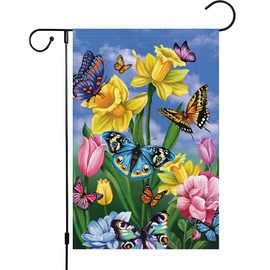 JIMOWANG Spring Daffodil Garden Flag 12x18 Double Sided Vertical, Burlap Small Butterfly Floral Flower Welcome Garden Yard House Flags Outside Outdoor House Spring Summer Decoration