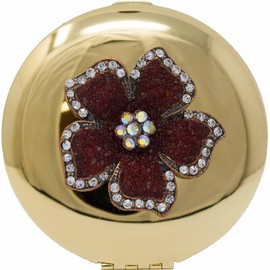 Stephanie Imports Gold Stoned Flower Round Folding Compact Pocket Makeup Mirror Double Sided (5X Magnification + 1x Magnification) in Gift Box