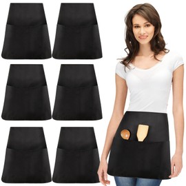 Geosar 6 Pieces Waist Apron Black Waiter Waitress Aprons with 3 Pockets Half Apron Black Chef Apron for Men and Women Kitchen Cooking Cleaning Painting Gardening Bistro Restaurant Catering