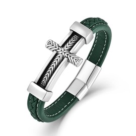 Veshon Men's Leather Cross Bracelet, Stainless Steel Religious Sideway Cross Faith Bracelet Bangle Christian Prayer Jewelry Gift for Men, 9.1 Inch