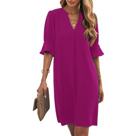 Wkior Summer Dress for Women Short Sleeve Solid Loose Swing Elegant Dress Rosy M