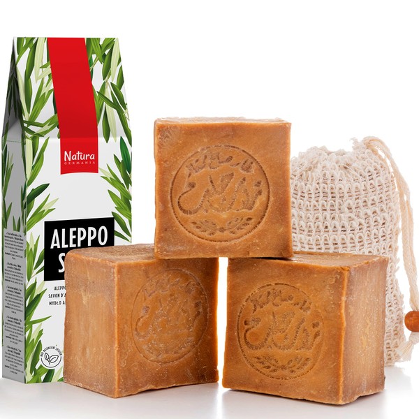 Natura Germania® Aleppo Soap Set 90% Olive Oil / 10% Laurel Oil + Sisal Soap Bag, 3 x Each Approx. 200 g (approx. 600 g)
