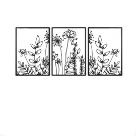 GSANMU Metal Boho Wall Decor - 3 Pcs Minimalist black Flower Hanging Wall Art Iron line decor ​for Living Room and Bedroom 16.5×11.8 inch