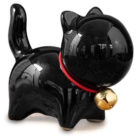 Cozndet Black Cat Statue, Handcraft Ceramic Cat Figurines, Black Cat Office Desk Decor for Home Office, Small Cat Sculpture （Black）