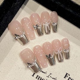 3D Nail Tip False Nail Korean Black Pink Handmade Cat Eye Nail 1 Second Easy to Apply Korean Fashion Nail Tip Short Long Short Long Cute Simple Gernet (21, S)