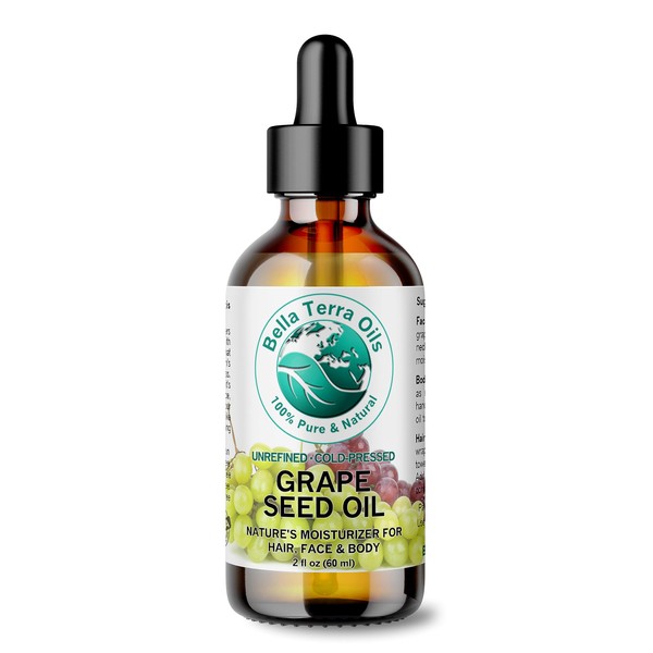 Bella Terra Oils - Grape Seed Oil 2oz - Cold-Pressed, Abundant in Vitamin E & C, Linoleic Acid, Omega-6 Fatty Acids, A Luxurious Elixir for Radiant Skin