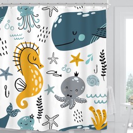 Miyotaa Sea Undersea Shower Curtain Set 60Wx71H Inches Seahorse Whale Animals Kids Ocean Fish Nautical Underwater Boys Child Cute Polyester Waterproof Cloth Bathroom Curtain with 12 Hooks