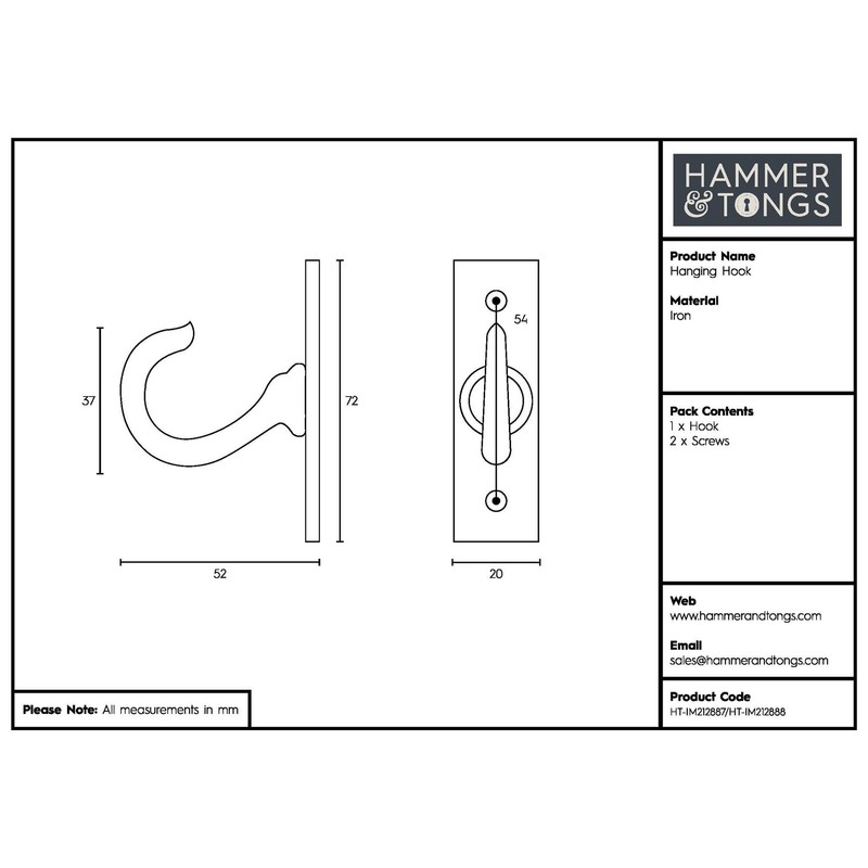 Hammer and Tongs - Hanging Hook - W20mm x H70mm