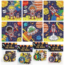 Space Party Favors - 12 PCS Space Themed Jigsaw Puzzle Party Supplies - Astronaut Jigsaw Puzzle Set for Kids - Two the Moon Birthday Goodie Bags Gifts Prizes Girls Boys