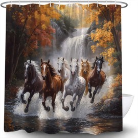 Horse Shower Curtain Fall Waterfall Forest Rustic Wildlife Animal Autumn Vintage Outdoor Brown Horse River Western Country Retro Farmhouse Nature Landscape Bathroom Curtains with Hook,70x70 Inch