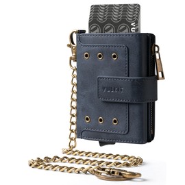 VULKIT Mens Minimalist Wallet with Chain, Aluminum POP UP Card Case RFID Protected, ID Window, Zipper Pocket for Coins and Compartment for Bills/Banknotes, Blue