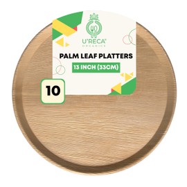 U'reca Organics Eco-Friendly Palm Leaf Plates | 13" Round Flat Plate (33 cm) - Pack of 10 | Disposable, Compostable & Biodegradable Dinnerware | Perfect for Charcuterie, Platters, and Sharing Dishes