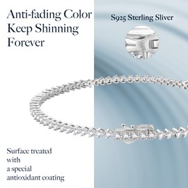 KRKC Tennis Bracelets For Women, Cubic Zirconia Bracelet, S925 Sterling Silver With White Gold Plated, 5A Round CZ Diamond Bracelets For Women Mother's Day Gift,Three Prong 2MM 7.5 inches