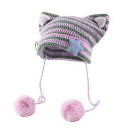 Women Y2K Cat Ear Beanie Hat with Pom Poms Star Accessories Goth Grunge Crochet Knitted Slouchy Skully Caps Alt Emo Clothes (Purple-Green)
