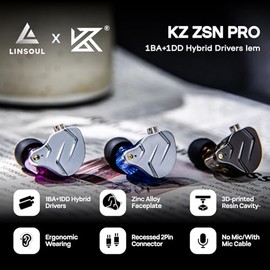 Linsoul KZ ZSN Pro Doble Conductor 1BA+1DD Auriculares híbridos de Metal HiFi con Cable Desmontable de 2 Clavijas, Panel de aleación de Zinc (Sin Micrófono, Negro)