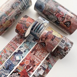 YUBBAEX 4 Rolls Vintage Washi Tape Set Wide Antique Masking Retro Artwork Decorative Tapes for Arts, DIY Crafts, Journals, Planners, Scrapbook, Wrapping (90s Motifs)