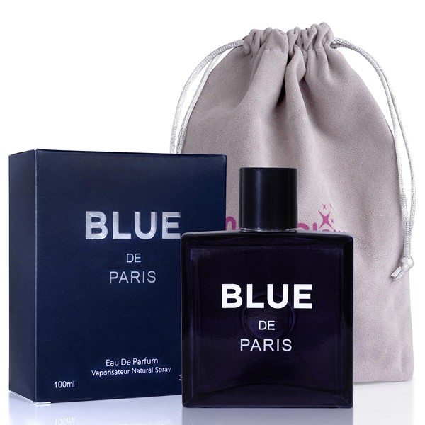NovoGlow Blue De Paris For Men - 3.4 Fl. Oz. 100ml Men's Perfume Carrying Pouch - Refreshing Combination of Woody Floral & Fruity Scents - Masculine Scent Lasts All Day A Gift for Any Occasion
