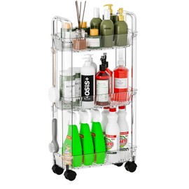 3 Tier Rolling Cart with Wheels,Clear Bathroom Storage Organizer,Narrow Laundry Room Storage and Utility Cart Mobile Shelving Unit,Three Tier Slim Snack,Craft,Book Dorm Storage Cart for Small Spaces