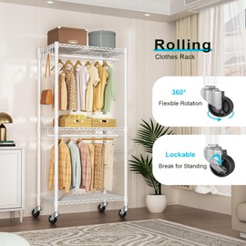 FUTASSI P3 Mini Rolling Clothes Rack, Clothing Racks for Hanging Clothes, Heavy Duty Garment Rack, Freestanding Portable Closet Rack 23.6'' W x 14'' D x 78.5'' H, Max Load 430 Lbs, White