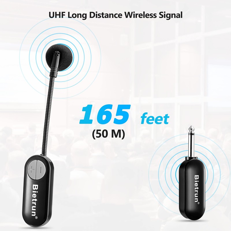 Bietrun Wireless Microphone Headset with 1/4''Plug, 165ft Range, UHF Wireless