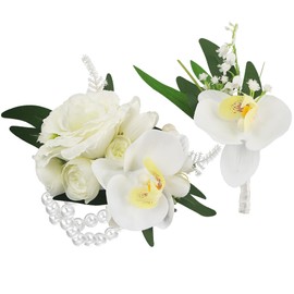 Rinlong Corsage and Boutonniere Set Orchid Corsages Wristlet Groom White Flower Boutonniere for Men Wedding Homecoming Corsage for Prom