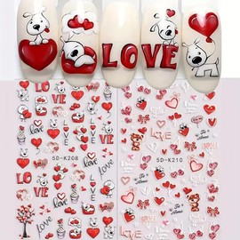 2Pcs 5D Cute Dog Bear Heart Cartoon Nail Art Stickers, 5D Embossed Red Heart Nail Decals 5D Self-Adhesive Red Heart Letter Design Valentine Manicure Charms Sliders Decals Nail Art Decoration Tips DIY