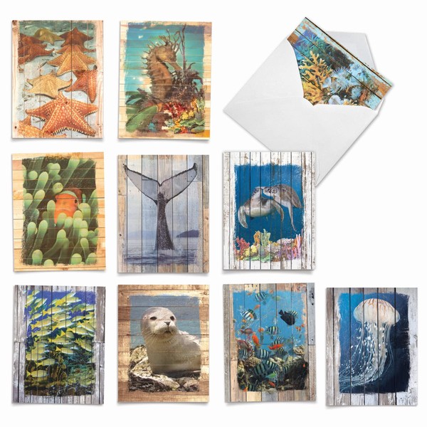 Ocean Driftwood Transfers: 10 Assorted Blank All Occasions Notecards Nautical Images Transposed on Shiplap Boards, with Envelopes. AM6331OCB-B1x10