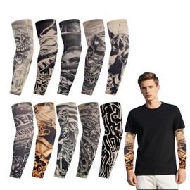 Pack of 10 Tattoo Sleeves, Tattoo Sleeves, Men's Long Arm Tattoo Stockings, Polyester Fabric, 10 Different Patterns, Suitable for Adults, Tattoo Lovers, black
