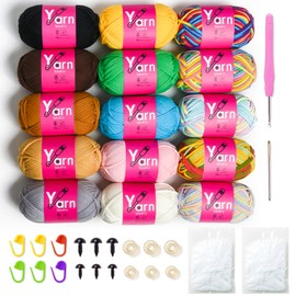 15 Pack Crochet Yarn Beginner - Black White Orange Red Green Rainbow Pink Yellow Cotton Chunky Yarn - with Easy-to-See Stitches Beginner Yarn for Crocheting (15 * 50g) D