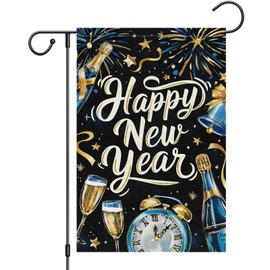 Heyfibro Happy New Year Garden Flag 12x18 Inch Double Sided Burlap Firework Champagne Celebration Banner for Christmas Winter Holiday Party Yard Outdoor Decoration(ONLY FLAG)