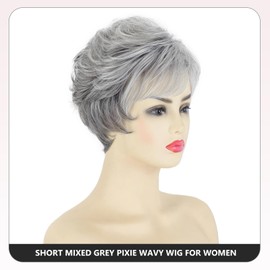 SEVENCOLORS Short Grey Wigs for White Women Pixie Cut Gray Wigs with Bangs Natural Curly Synthetic Hair Short Mixed White Wig for Older Women