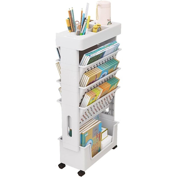 Mobile Desk Shelf for Classroom 5 Tier Rolling Utility Cart with Wheels Desk Organizer Magazine Rack Slim Storage Cart for Home Kitchen Office