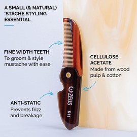 ZEUS Folding Mustache Comb for Men, Handmade Saw-Cut Pocket Comb for Men’s Beard & Moustache Grooming, Compact & Travel Friendly (Black) K13