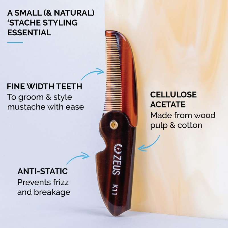 ZEUS Folding Mustache Comb for Men, Handmade Saw-Cut Pocket Comb