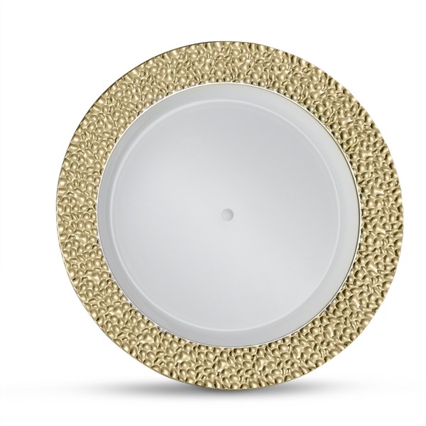 [32 Count - 7 Inch Plates] Laura Stein Designer Tableware Premium Heavyweight Plastic White Appetizer - Salad Plates With Gold Border, Party & Wedding Plate, Glitz Series, Disposable Dishes