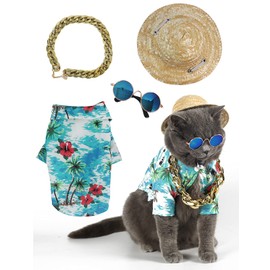 Impoosy Hawaiian Dog T Shirts Pet Summer Clothes Cat Sunglasses Funny Straw Hat Kitten Costumes with Gold Chain Collar (Small,Cyan-Blue)