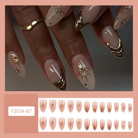3D Gold Stripe French Tip Press on Nails Star Rhinestones Fake Nails for Women Medium Almond Ballerina Glue on Nail Glossy Acrylic Stick on Nail