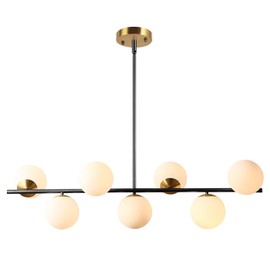KCO Lighting Black and Brass Linear Pendant Light Mid Century Modern Sputnik Chandelier 7-Lights Milk Glass Globe Kitchen Island Pendant Lighting for Dining Room Living Room Bedroom