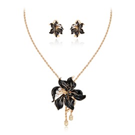 EleQueen Flower Necklace Earrings Set for Women, Orchid Flower Statement Enamel Turqoise Jewelry Sets Black Gold-Tone