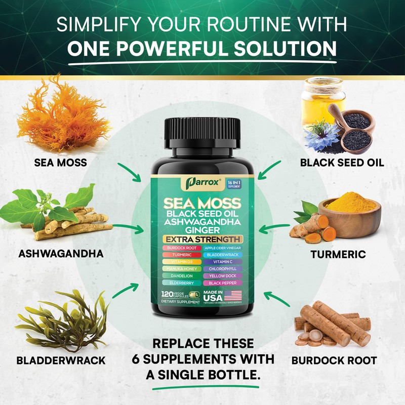 Parrox Sea Moss, Black Seed Oil, Ashwagandha, Turmeric, Chlorophyll, Dandelion,