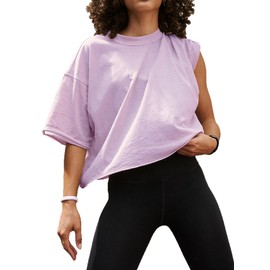 Trendy Tees Ladies Cute Shirts 2024 Spring Summer Basic Trendy Women's Comfy Basic Workout Gym Short Sleeve Womens Crop Tops Casual Loose Oversized T Shirts Going Out Tops for Women Light Purple L