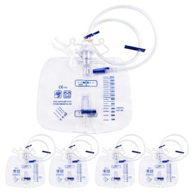 5 Pack 2000ml Urine Drain Bag with Anti Reflux System 50 Inch Flexible Tube Slide Drain Valve Dual Hook and Rope Design Clear Graduated Markings for Daily Liquid Collection